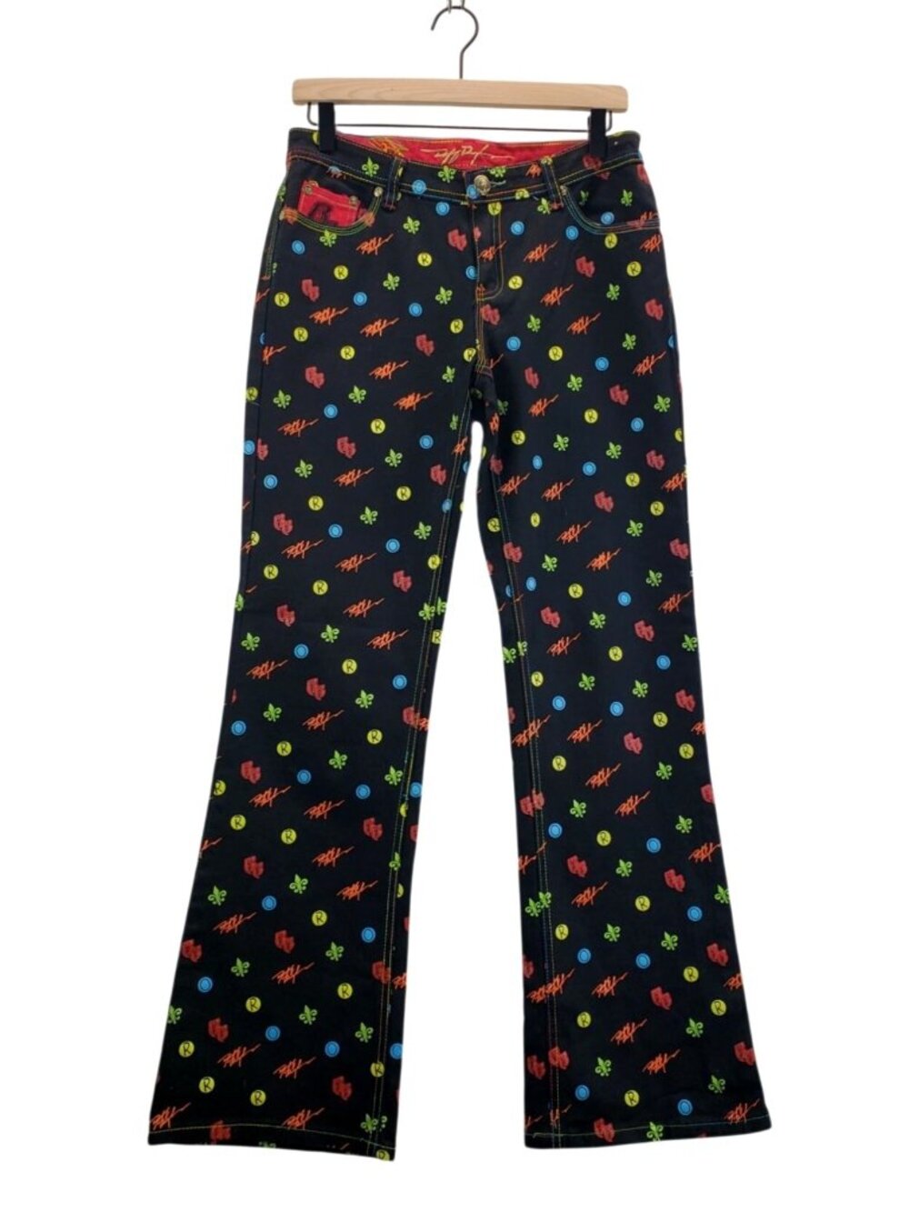 Vtg Ruff Ryders Black Graphic Jeans sz 9/10 Flare Leg Iconic Logo Pattern Rare